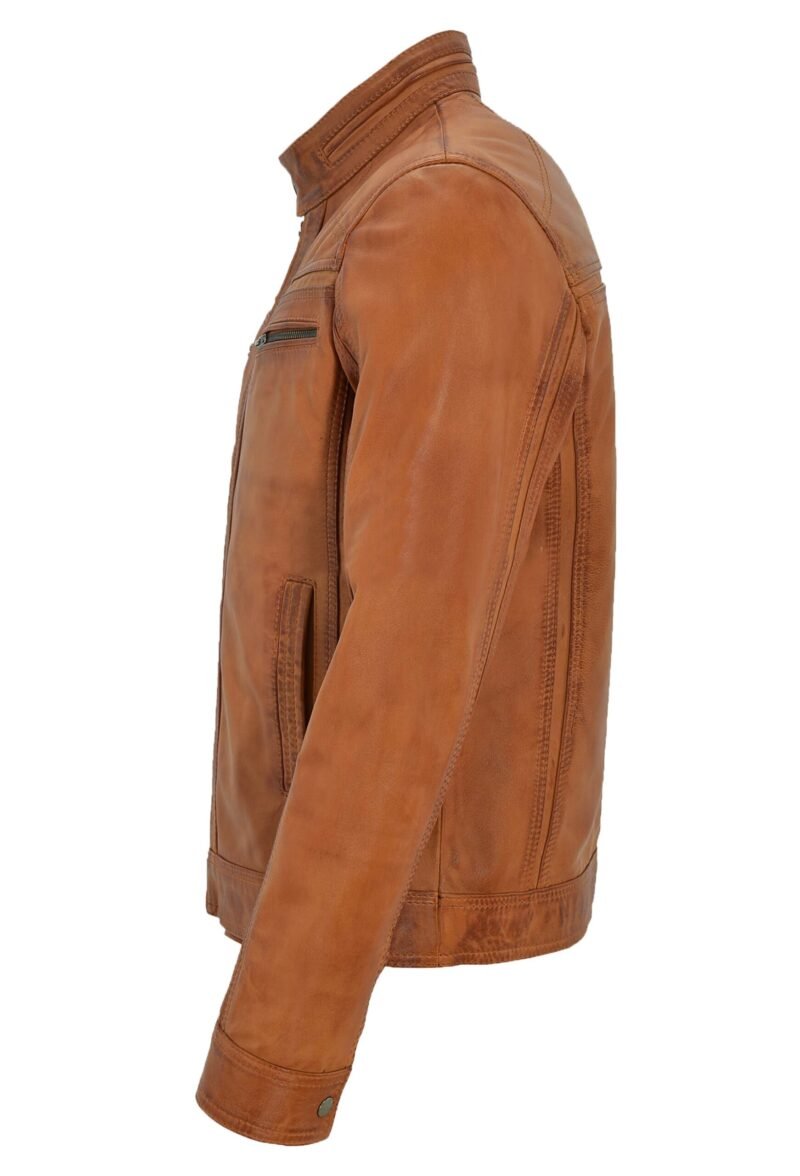 Distressed tan leather motorcycle jacket for men - side