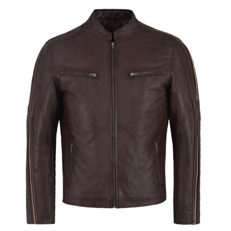 brown leather motorcycle jacket for men - front