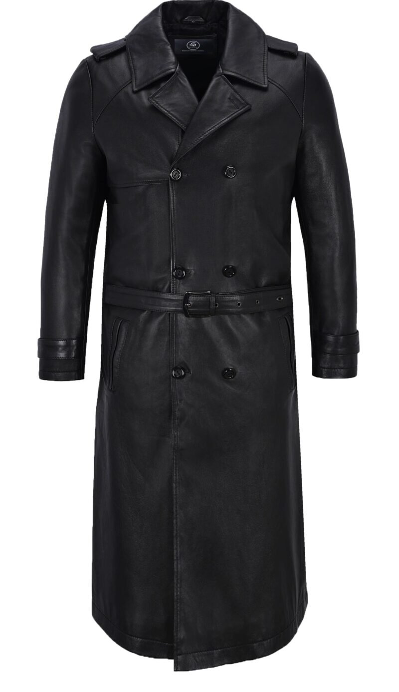 Black German Leather Trench Coat For Men - front