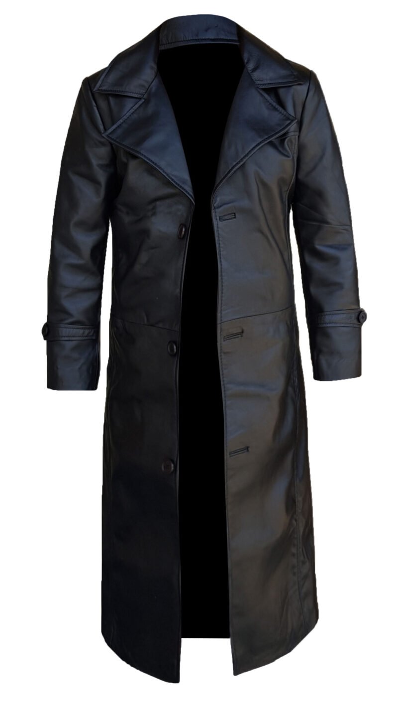 Black Leather Duster Trench Coat For Men - front