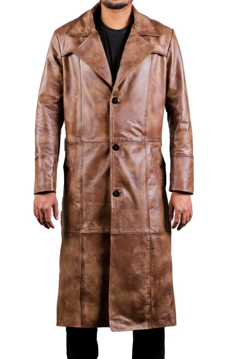 Brown Leather Trench Coat Mens - front