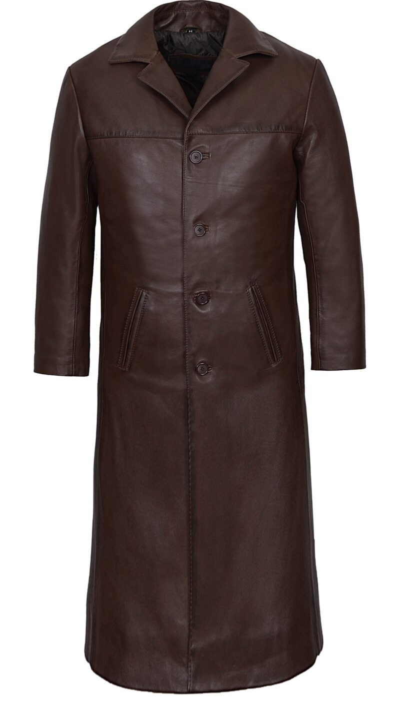 Dark Brown Leather Trench Coat For Men - front