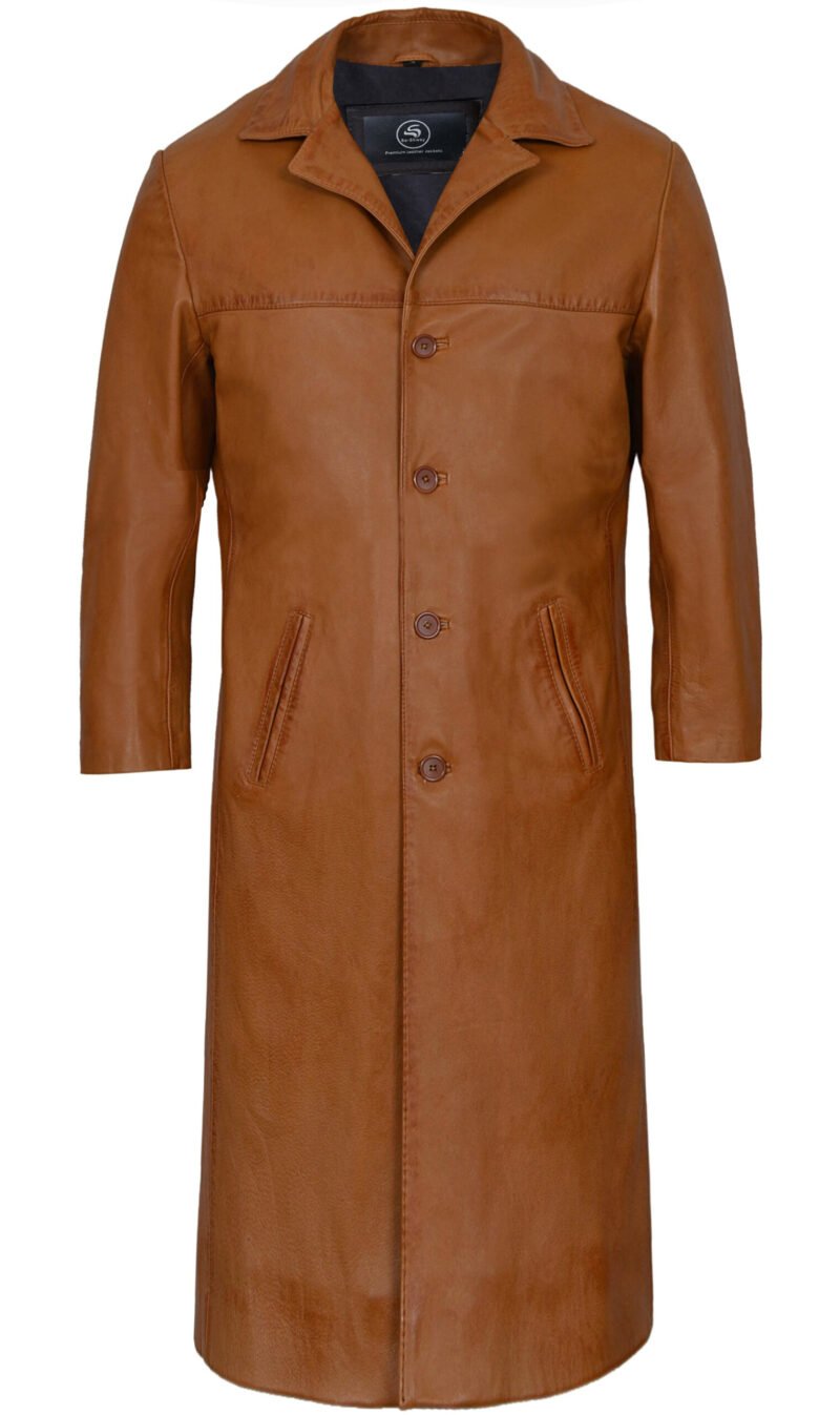 Tan Leather Trench Coat For Men - front