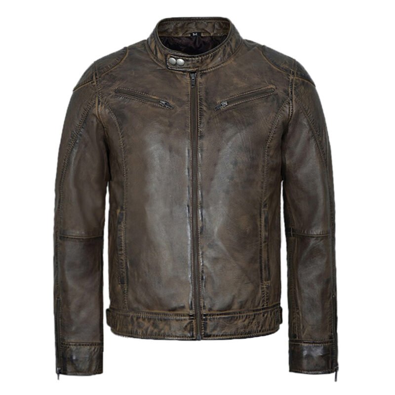 brown leather motorcycle jacket for men - front