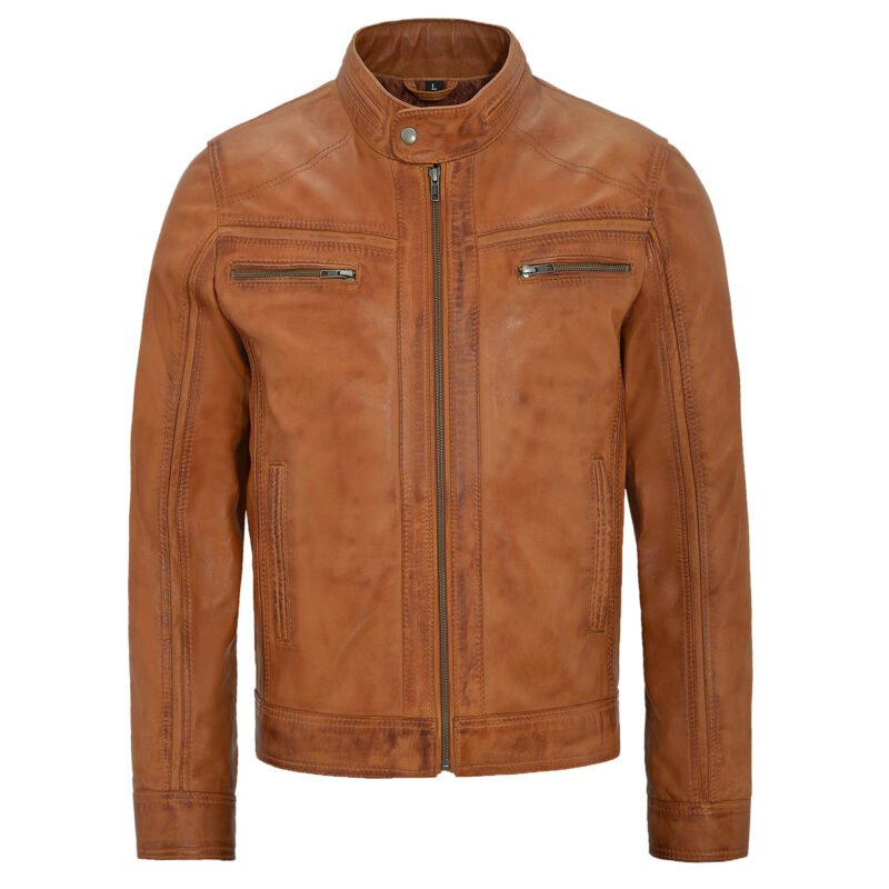 Distressed tan leather motorcycle jacket for men - front