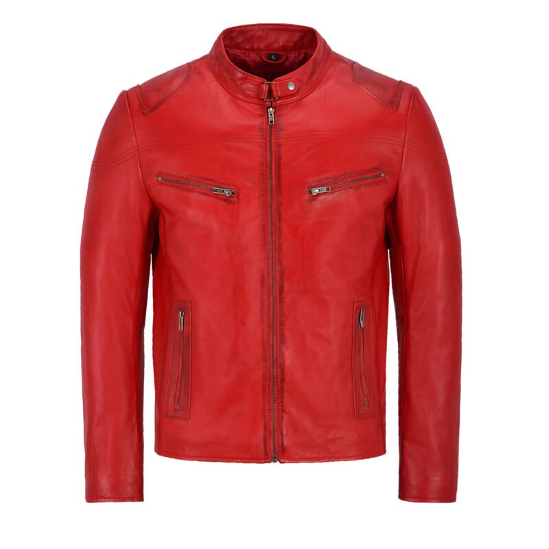 Red Leather Motorcycle Jacket For Men - front