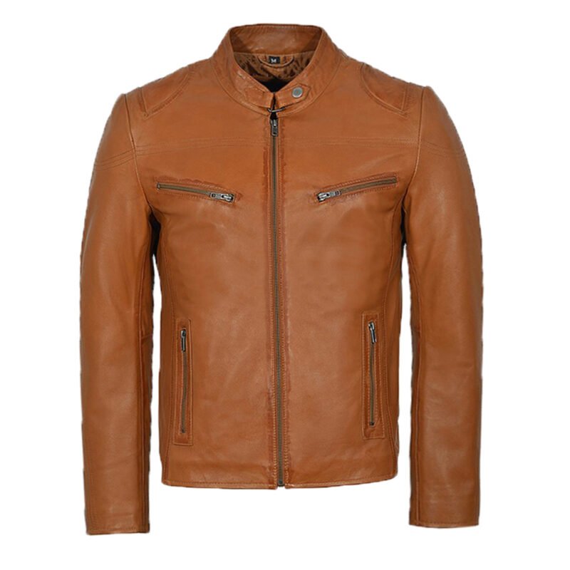 Tan Leather Motorcycle Jacket For Men - Front