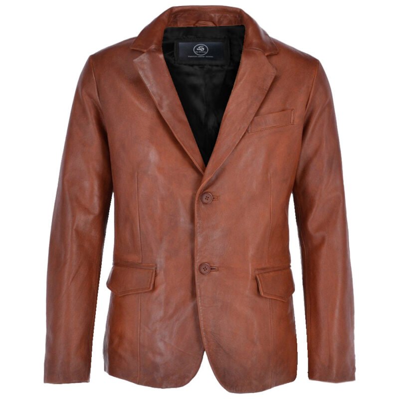 Brown Wax Mens Classic Leather Blazer - front