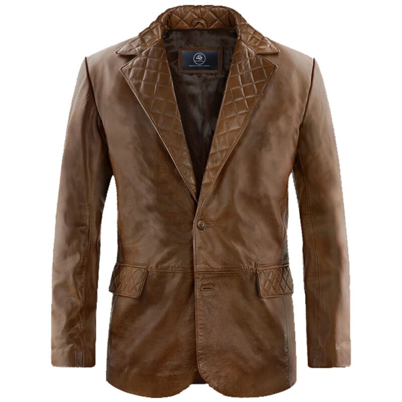 Brown Vintage Mens Classic Leather Blazer - front