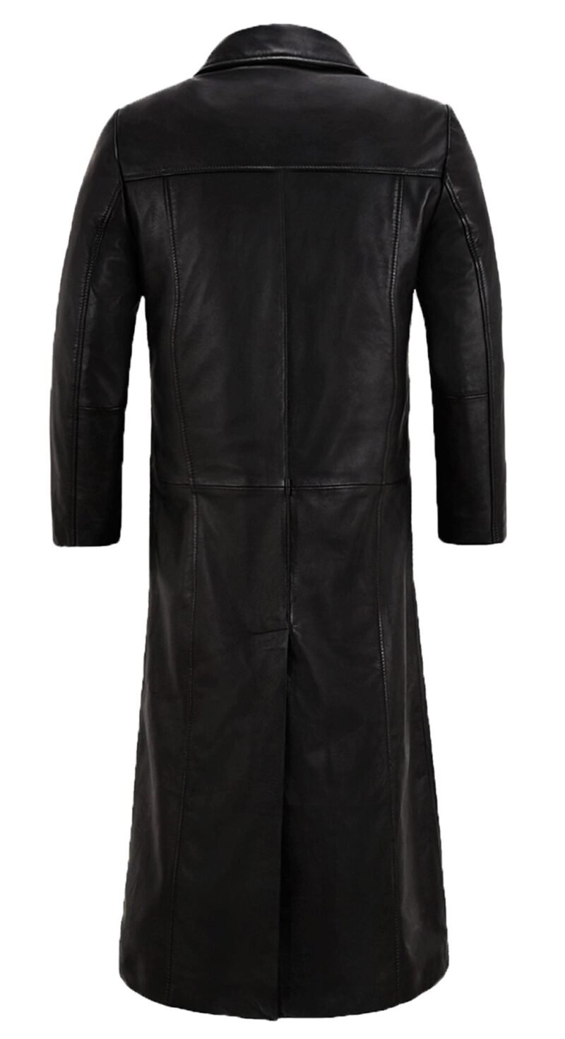 Black Long Leather Trench Coat For Men - back