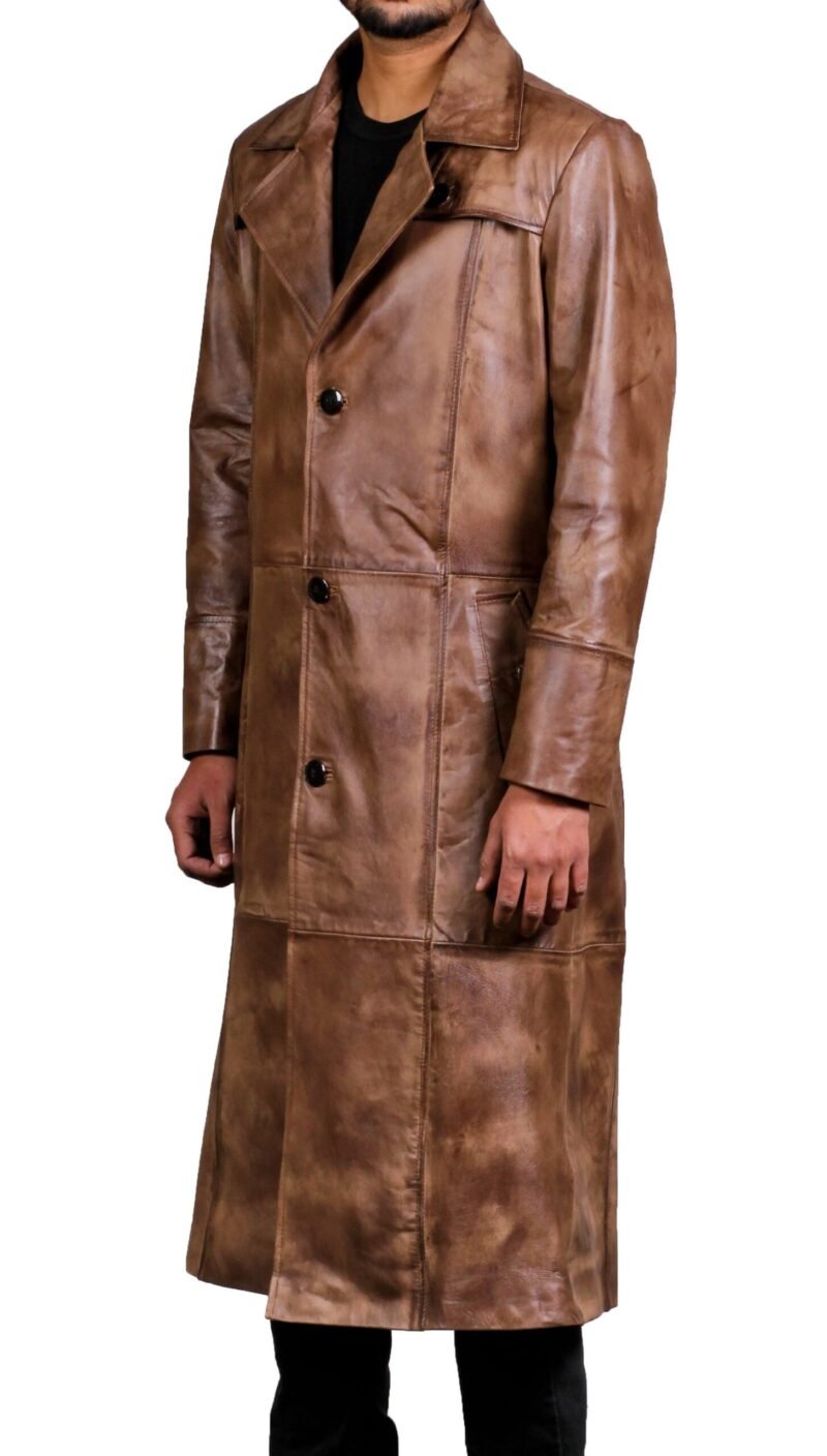 Brown Leather Trench Coat Mens - side