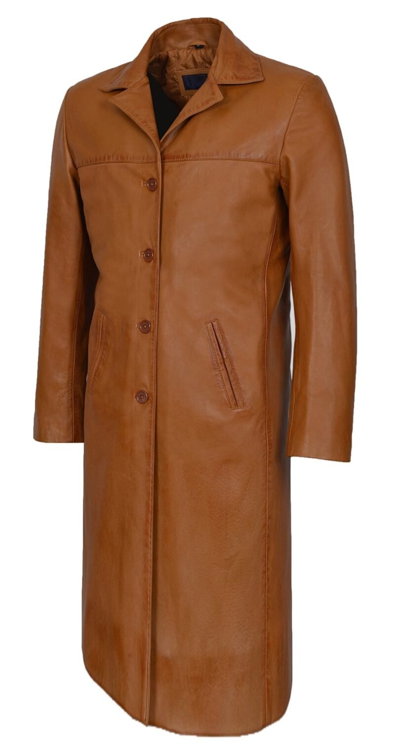 Tan Leather Trench Coat For Men - left side