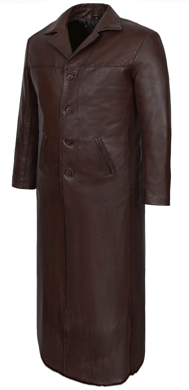 Dark Brown Leather Trench Coat For Men - left side