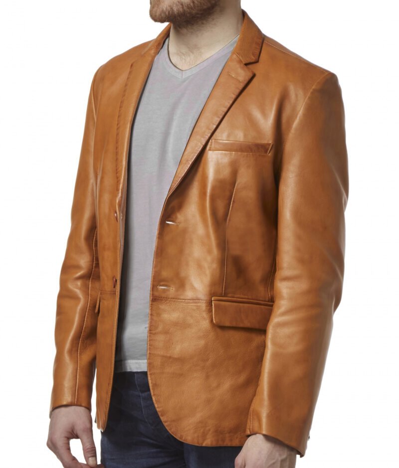 Tan Lambskin Leather Blazer Men - left side