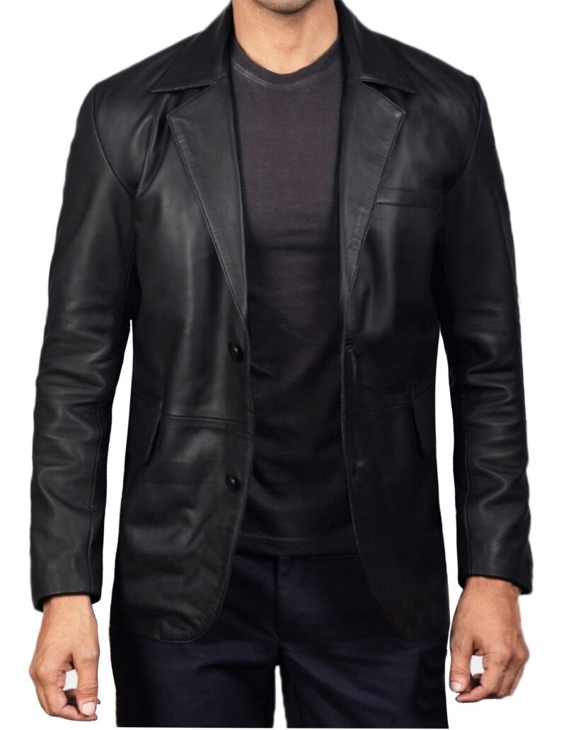 Black Leather Blazer For Men - front