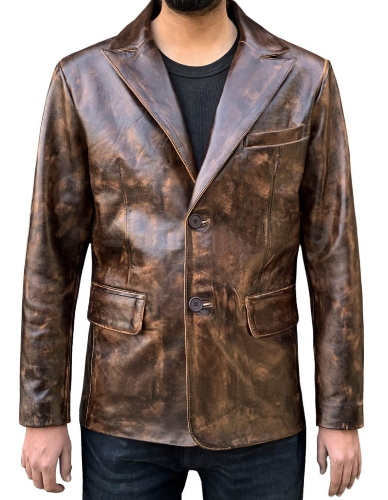 Distressed Brown Leather Blazer For Men - front