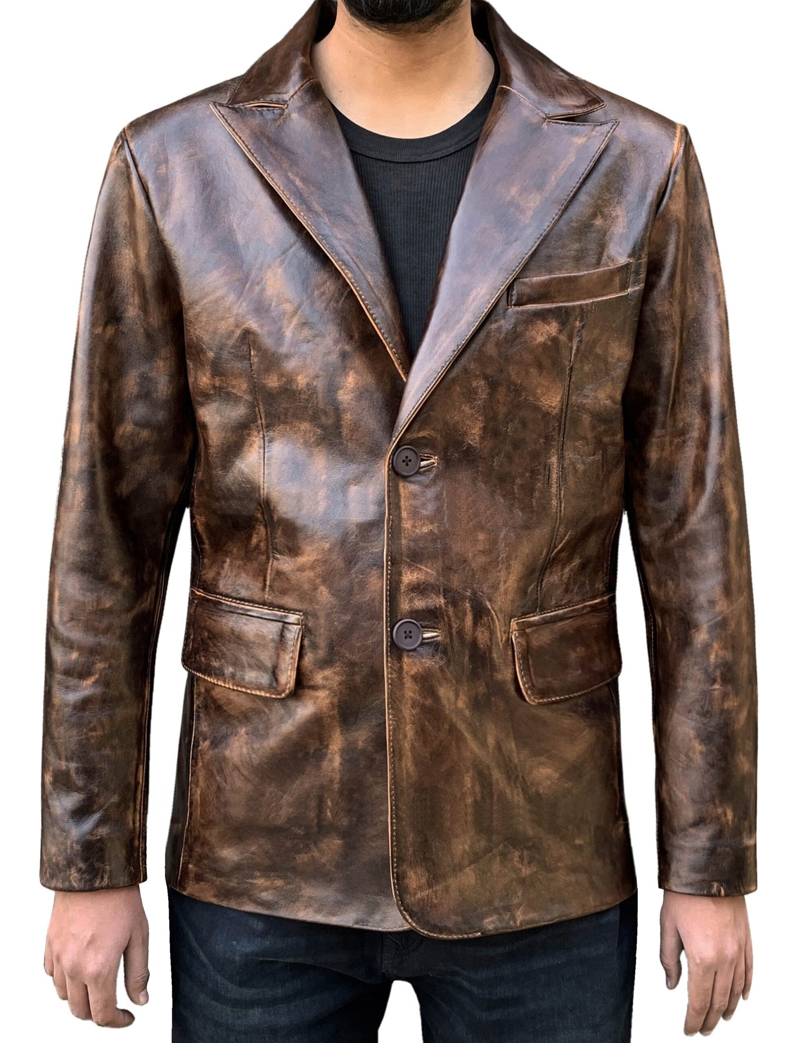 Distressed Brown Leather Blazer For Men