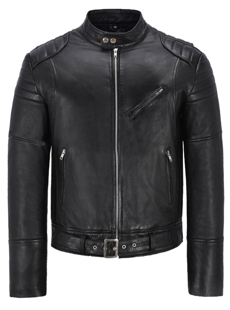 black leather motercycle jacket for men front