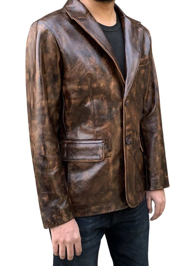 Distressed Brown Leather Blazer For Men - side