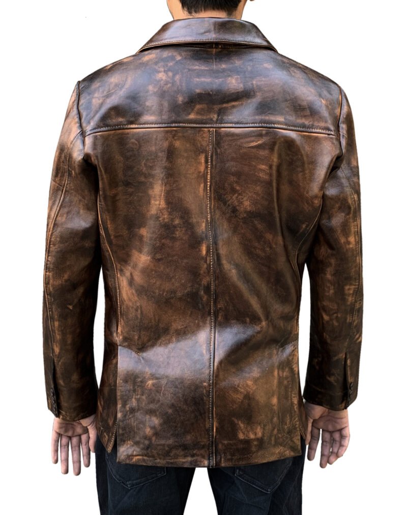 Distressed Brown Leather Blazer For Men - back