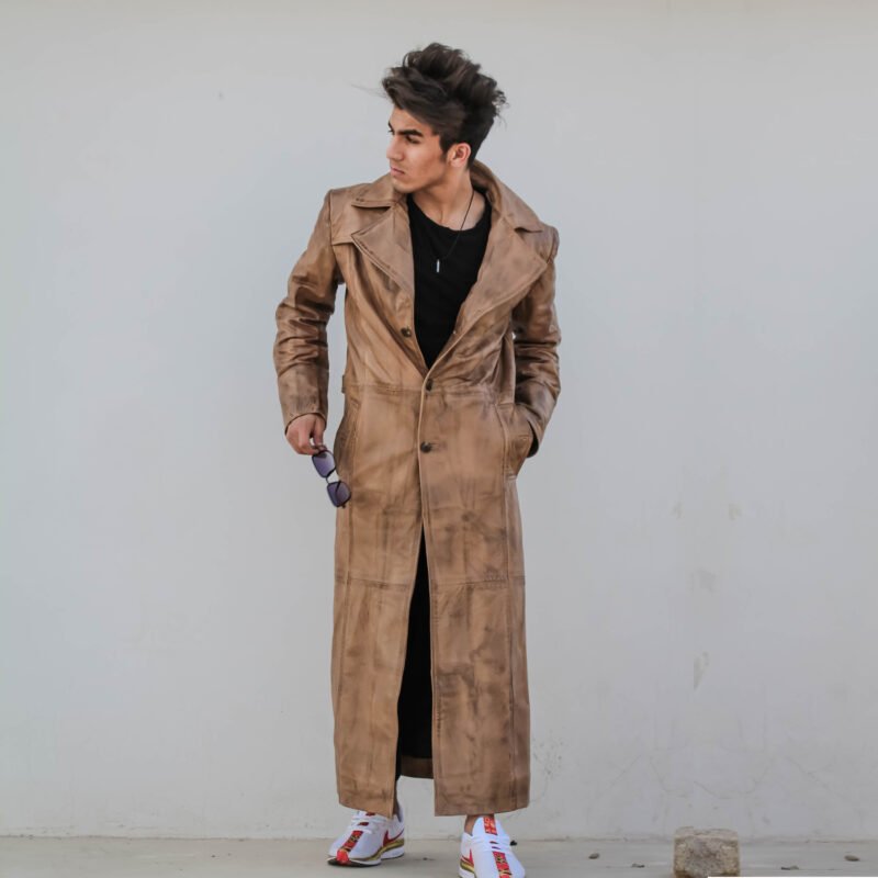 model wearing Leather Duster Trench Coat For Men