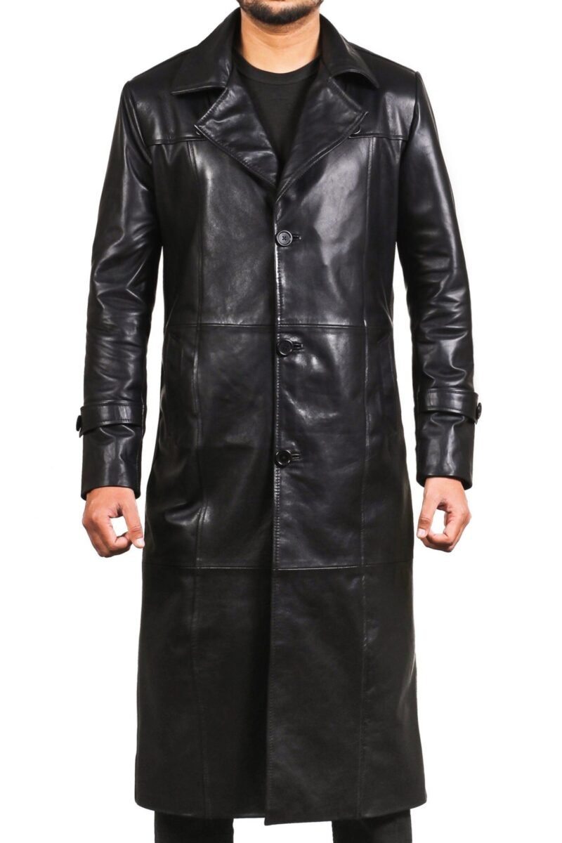 Black Leather Trench Coat Mens - front